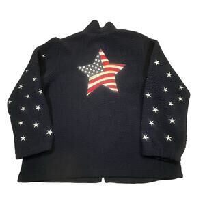 Patriotic USA Flag Star Fleece Jacket Full Zip Cozy Womens XL Blue